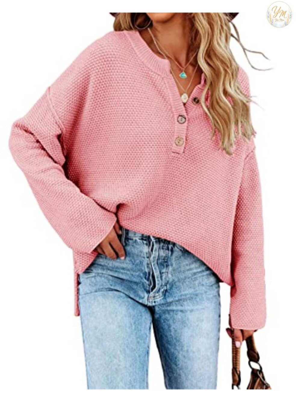 Womens Oversized Sweater V Neck Button Knit Pullover Long Sleeve Loose Fit